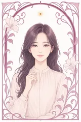 恋愛診断ナビゲーター 白瀬 灯の姿（蔓と百合の装飾枠に収まったアール・ヌーヴォー風の半身像）